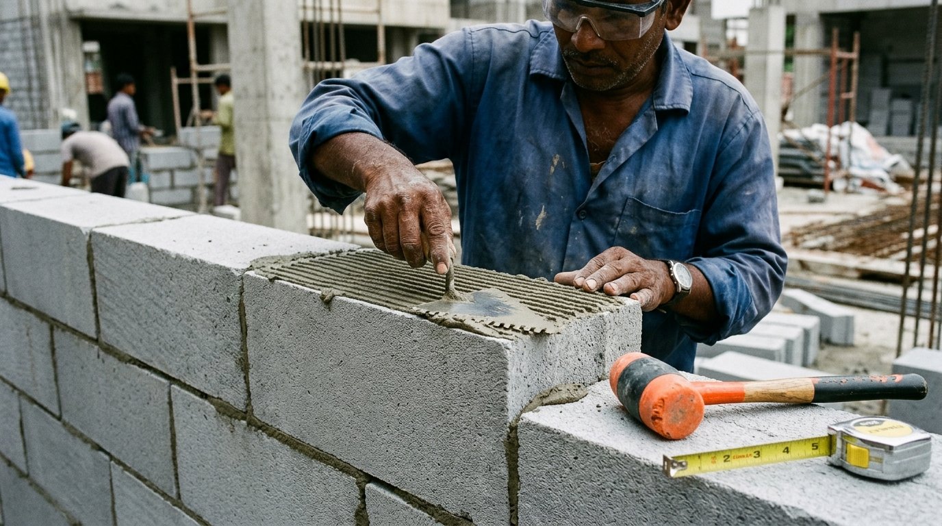 Close-up photograph of an Indian mason applying thin-bed polymer adhesive with a notched trowel on an AAC block course