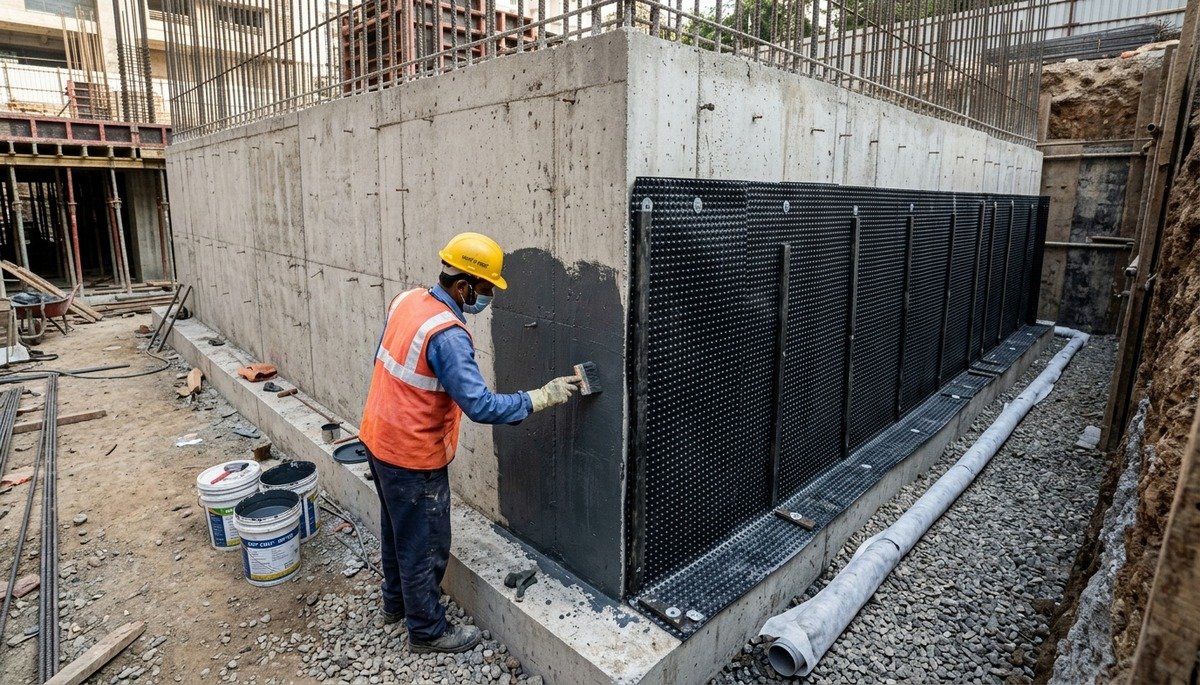 Basement concrete retaining wall waterproofing application with dimpled drainage membrane