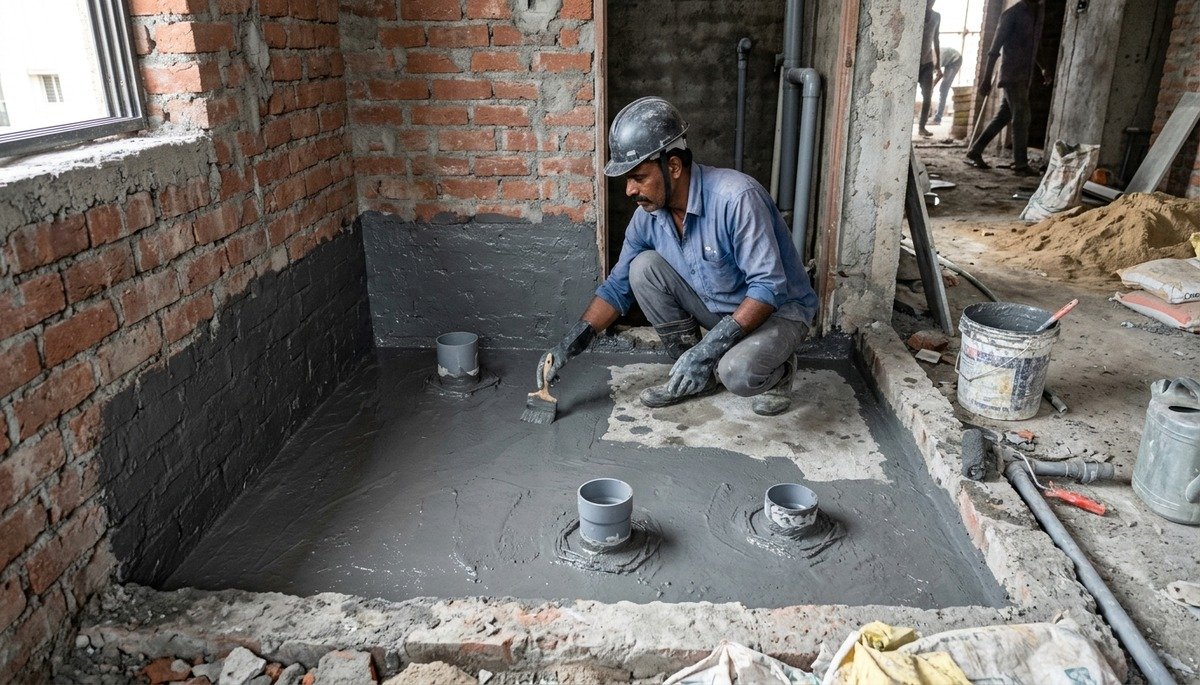 Bathroom sunken slab waterproofing application with polymer coating and pipe sleeve sealing