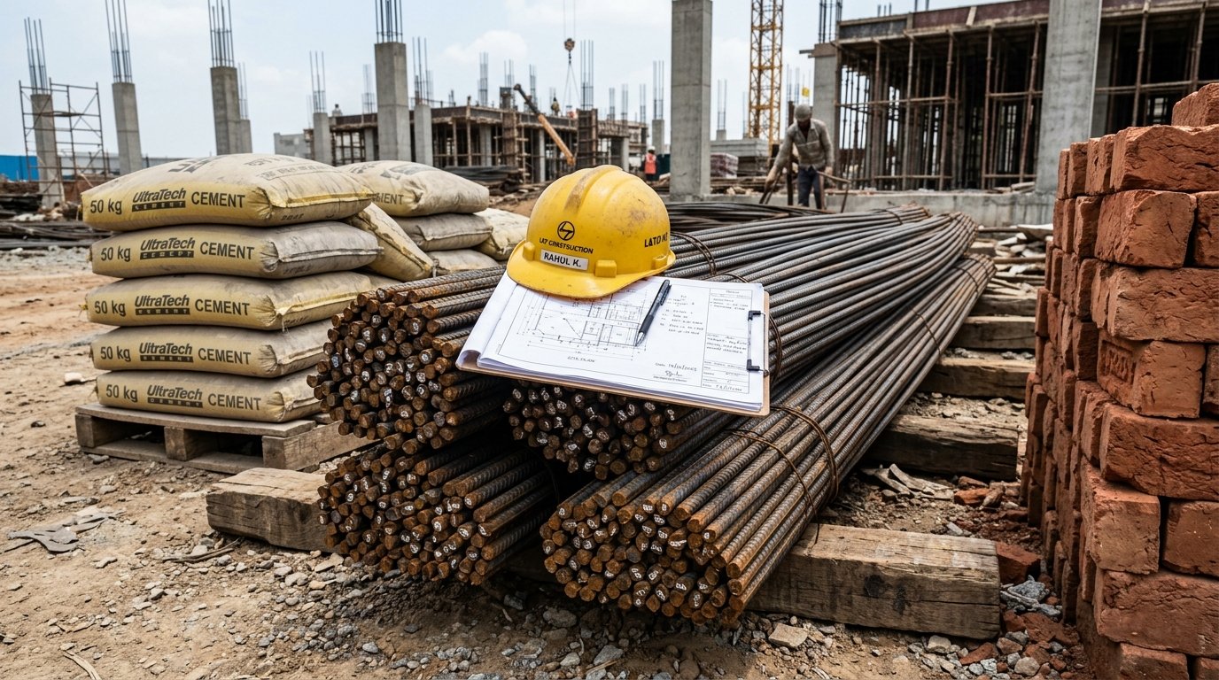 Construction materials yard with Fe500D TMT steel rebars and cement bags
