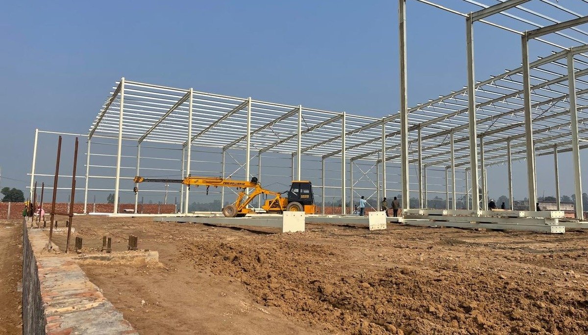 Engineered structural steel roof truss framework with colour-coated Galvalume profile sheets