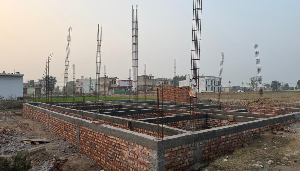 RCC plinth tie beam grid shuttering masonry and compacted earth filling