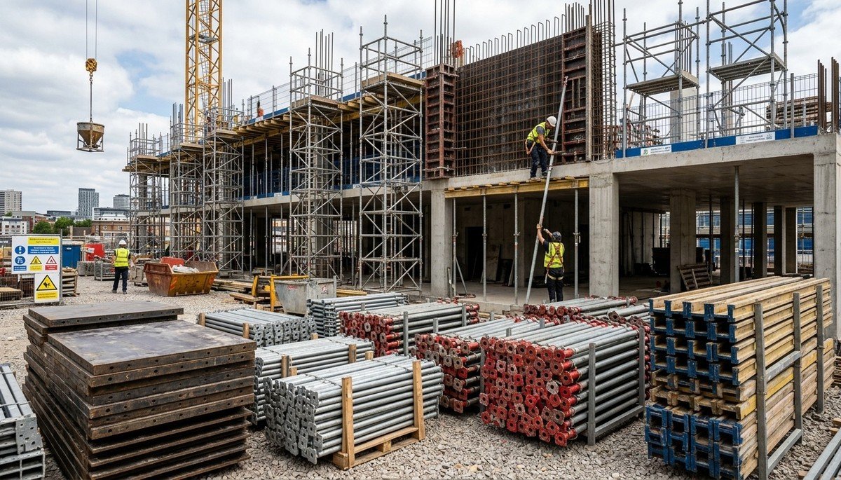 RCC Slab shuttering steel props staging and formwork alignment inspection