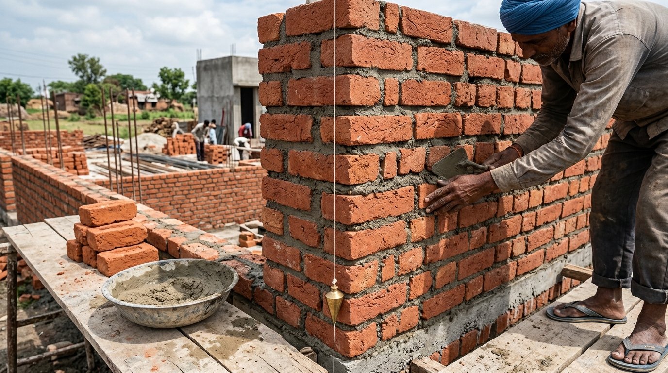 Realistic photograph of traditional Indian red clay brick masonry with plumb bob checking vertical alignment